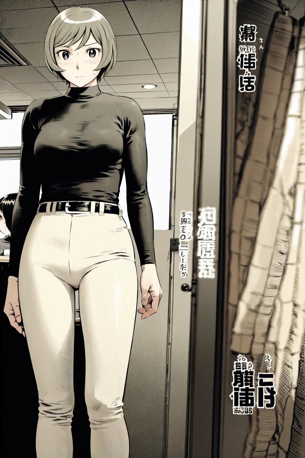 (野球uniform:1.2),
Blonde Hair, (short hair:1.2),Long sleeve, Black Shirt, turtleneck,White trousers、uniform、Black belt、((Illustration of people))、Big 、
View Audience,, (Highest quality:1.3),One Girl, White pants、uniform、Outdoor、baseball ground、ground、soil、blue eyes、Tight black shirt、(masterpiece、Highest quality)、Highest quality, Ultra-high resolution, (((masterpiece))), alone, Sweat、Big eyes、Big Breasts、One Girl, Front view、Embarrassed face、Bronze colored hair、((short hair))、Stand up straight