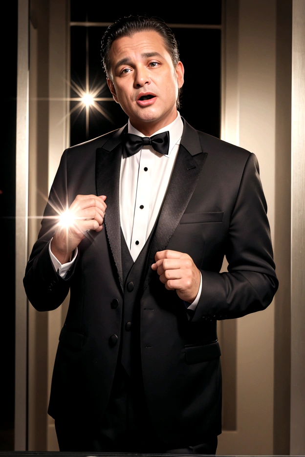 Middle-aged man singing in a tuxedo,