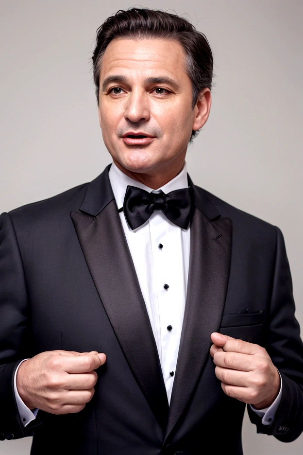 Middle-aged man singing in a tuxedo,