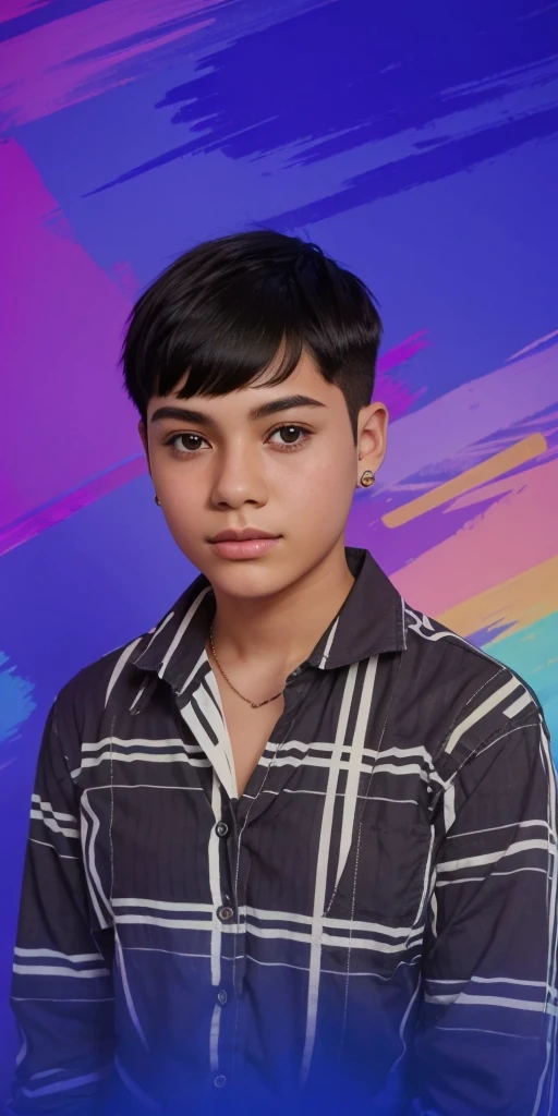 The image features a portrait of a young person with short hair, wearing a striped shirt. The background is a blur of colors.