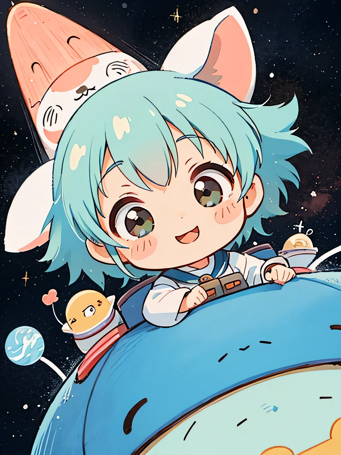 Hayao Miyazaki style、Kawaii Design, The most beautiful girl of all time、chibi, Space Travel, Happy smile, hope