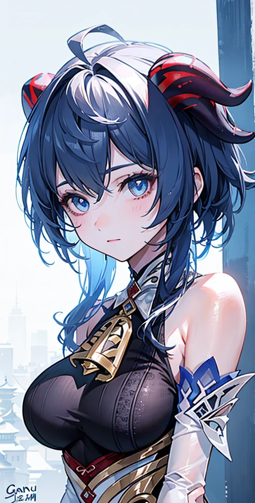 (photorealistic:1.4), (masterpiece, sidelighting, finely detailed beautiful eyes: 1.2), masterpiece*portrait, realistic, 3d face, 
ganyu \(genshin impact\), 1girl, ahoge, architecture, bangs, bare shoulders, bell, black gloves, black pantyhose, (blue hair), blush, breasts, chinese knot, detached sleeves, flower knot, gloves, horns, long hair, looking at viewer, big , neck bell，body sui，ganyu