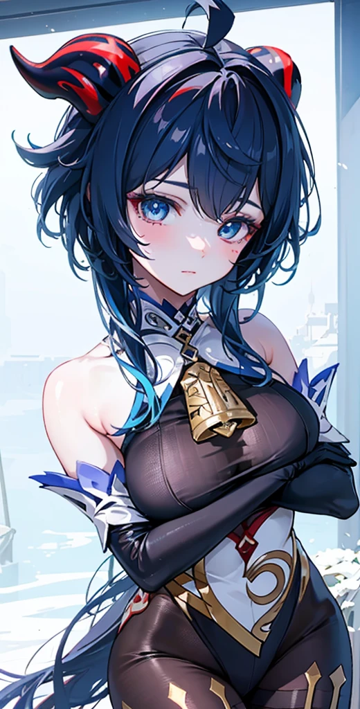 (photorealistic:1.4), (masterpiece, sidelighting, finely detailed beautiful eyes: 1.2), masterpiece*portrait, realistic, 3d face, 
ganyu \(genshin impact\), 1girl, ahoge, architecture, bangs, bare shoulders, bell, black gloves, black pantyhose, (blue hair), blush, breasts, chinese knot, detached sleeves, flower knot, gloves, horns, long hair, looking at viewer, big , neck bell，body sui，ganyu