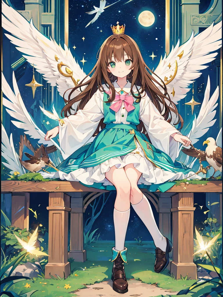 kawaii, anime, Cute, hyper quality, highly detailed, 16k, Front facing, Clarity, full body, smile, one girl and one bird, long brown hair, green eyes, alice's wonderland, throne, Fantastic, cross your legs, crown, crystal, brown bird familiar, magic effects, creepy smile, eagle wings on the back, night, chipped crescent moon, knee socks, accessories, bird monster, Feathers dance, crystal wand, brown bird, throne room, universe, stars are flowing,