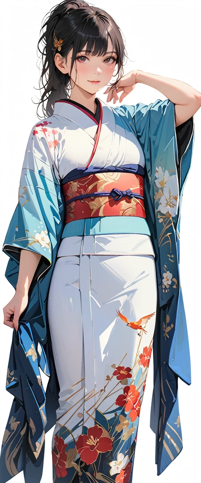20 years old,1 mature woman,hyperrealistic, 8k, (extremely detailed 8k), (very delicate and beautiful), (masterpiece), (better quality:1.0), (ultra high resolution:1.0), (masterpiece, best quality),cute,black hair,ponytail,full body,white background,realistic skin,kimono,,model posing