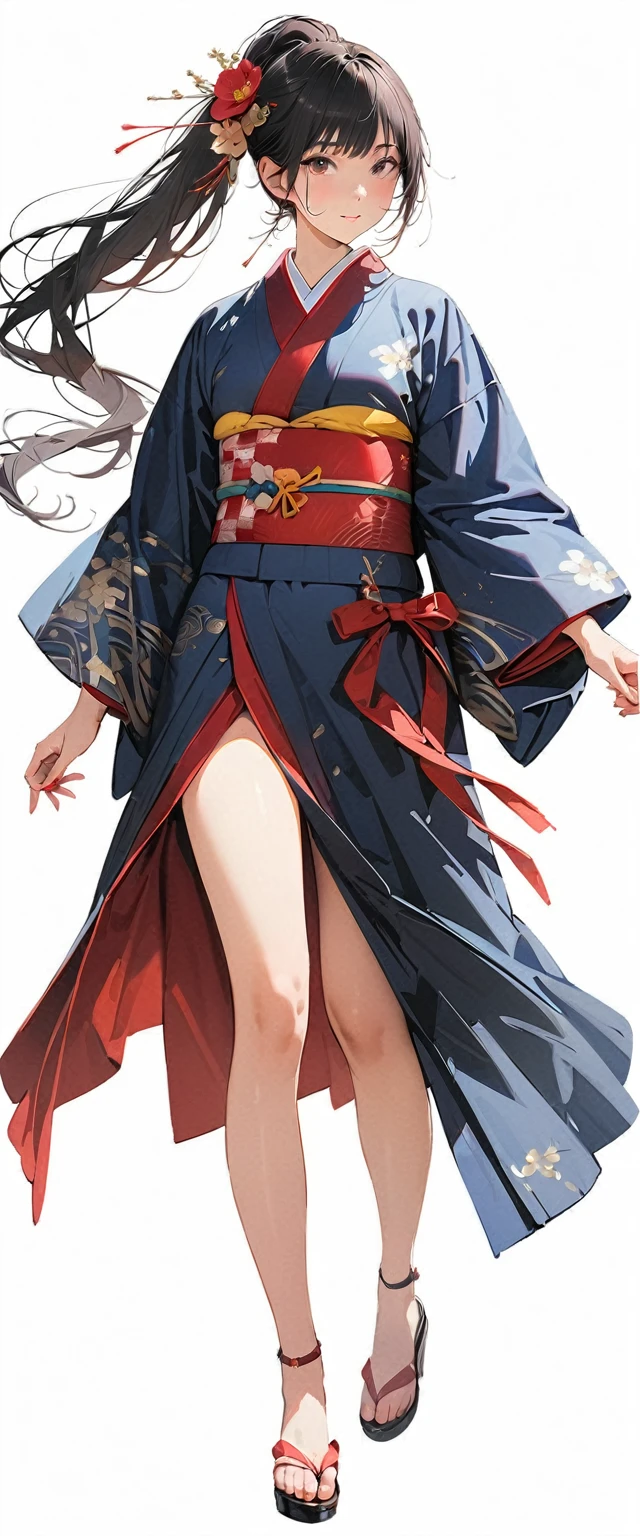 20 years old,1 mature woman,hyperrealistic, 8k, (extremely detailed 8k), (very delicate and beautiful), (masterpiece), (better quality:1.0), (ultra high resolution:1.0), (masterpiece, best quality),cute,black hair,ponytail,full body,white background,realistic skin,kimono,,model posing