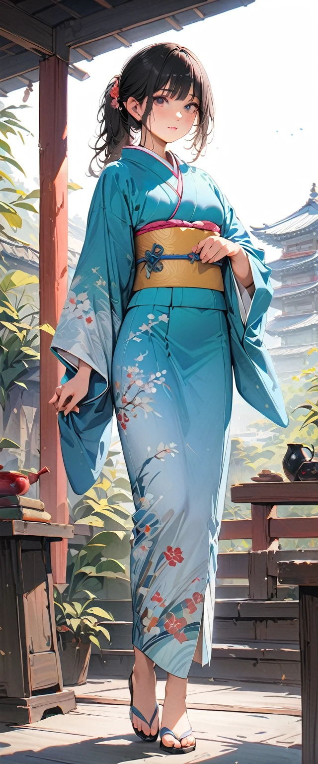20 years old,1 mature woman,hyperrealistic, 8k, (extremely detailed 8k), (very delicate and beautiful), (masterpiece), (better quality:1.0), (ultra high resolution:1.0), (masterpiece, best quality),cute,black hair,ponytail,full body,white background,realistic skin,kimono,,model posing