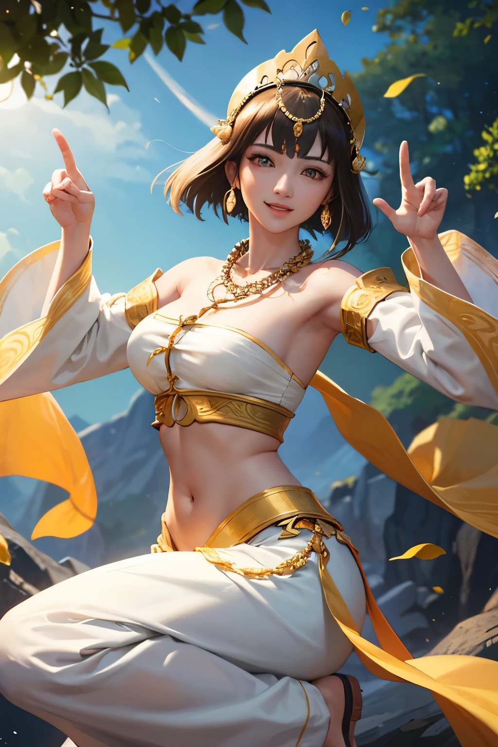 Tripitaka Monk、Sanzang Fashi、Unparalleled in the Three Kingdoms、Unparalleled OROCHI、No sleeve、Chest band、Navel sticking out、Pale green loose pants、Brown Hair、Bobcut、tiara、beads necklace、Sleeves longer than the arms、smile、Dance（（（ＳＦＷ、sound、Highest quality、first-clasasterpiece、Normal body、8K、Detailed face、Ultra-precision、Normal hand、Normal finger、５Finger、Highest）））