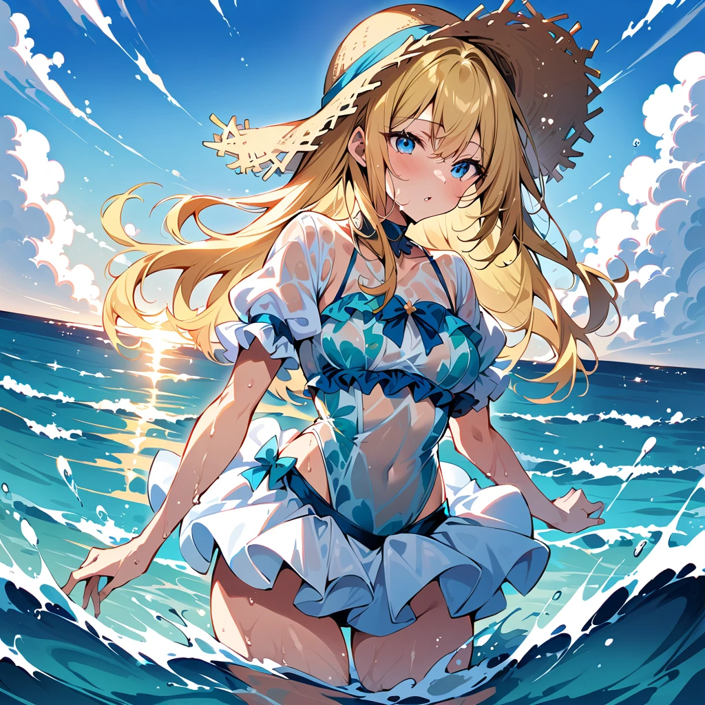 Top quality, masterpiece, blonde hair, blue eyes, straw hat, sea bathing, beautiful water splashes, sun, floral one-piece swimsuit, tulle material, puff sleeve top, skirt, layered, transparent tulle material, fluffy sleeves with ribbon