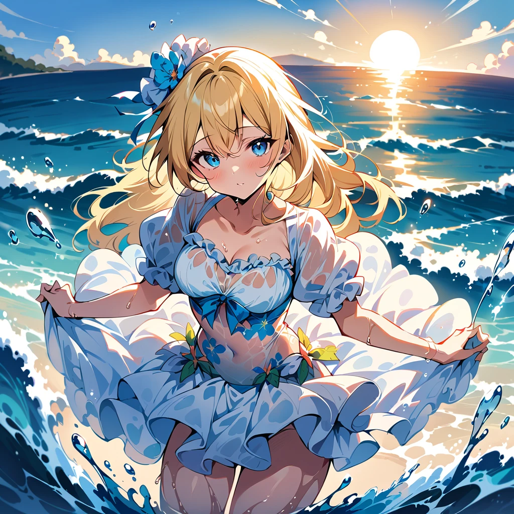 Top quality, masterpiece, blonde hair, blue eyes, straw hat, sea bathing, beautiful water splashes, sun, floral one-piece swimsuit, tulle material, puff sleeve top, skirt, layered, transparent tulle material, fluffy sleeves with ribbon
