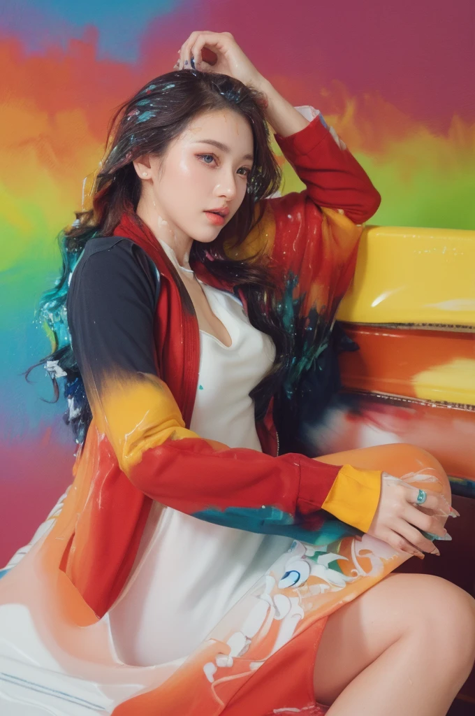(solid background), ((thick acrylic pigment color splashes on a background and clothes, vivid colors of splash and thick paints):1.8), large crystal clear eyes, (high ponytail hair dyed with multiple vivid colors:1.6), (exquisite makeup, long eyelashes), (small fresh, wipe chest, perfect body, 16 years old), (white tight dress:1.2), (Highest Image Quality, Masterpiece, Depth of Field), (lovely smile, excited), 