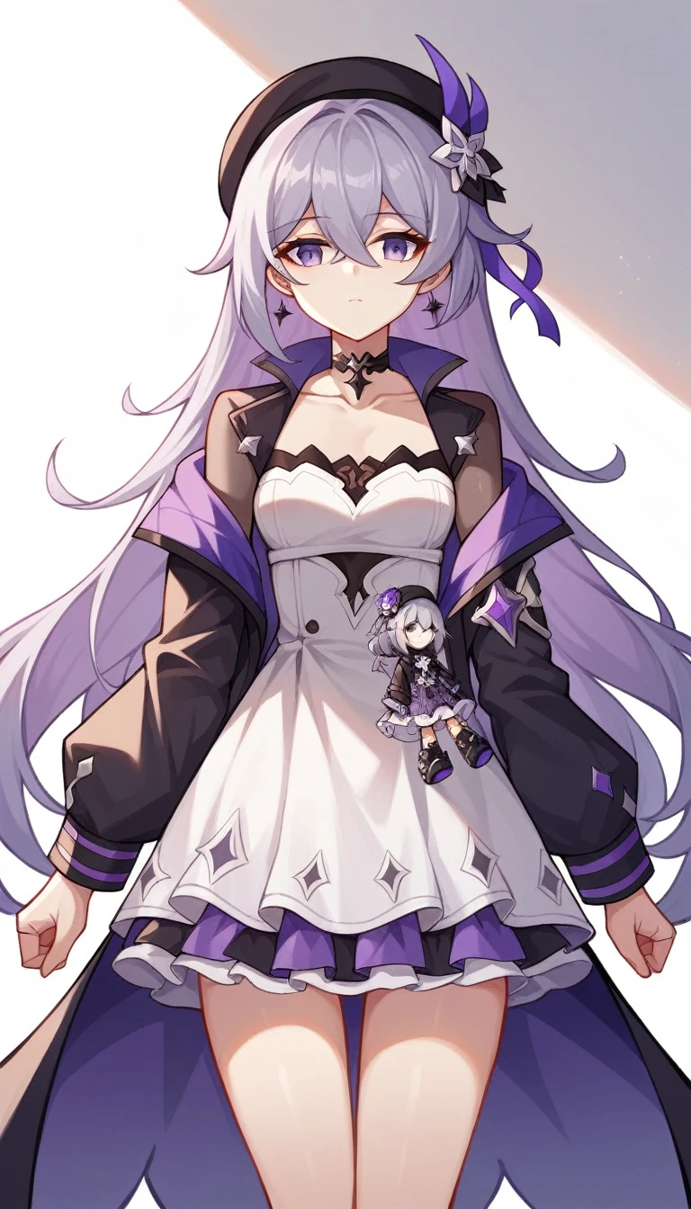 masterpiece, best quality, ultra-detailed, illustration, 1girl, solo,  herta /(honkai star rail/), grey hair, long hair, purple eyes, doll joints, small breasts, purple hair flower, beret, single earring, choker, collarbone, hertadress, black jacket, long sleeves, purple ribbon, frills, white dress, checkered dress, tailcoat, cowboy shot, thighs