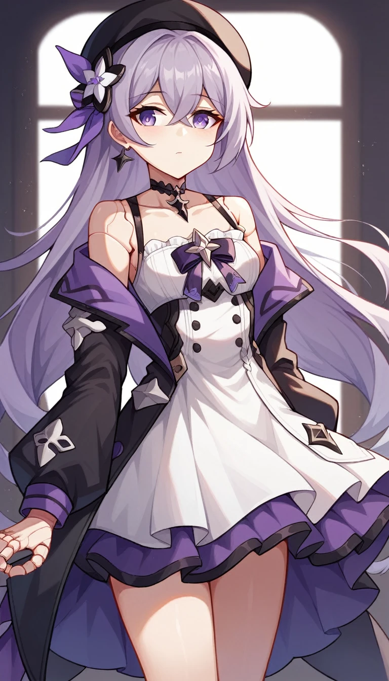 masterpiece, best quality, ultra-detailed, illustration, 1girl, solo,  herta /(honkai star rail/), grey hair, long hair, purple eyes, doll joints, small breasts, purple hair flower, beret, single earring, choker, collarbone, hertadress, black jacket, long sleeves, purple ribbon, frills, white dress, checkered dress, tailcoat, cowboy shot, thighs