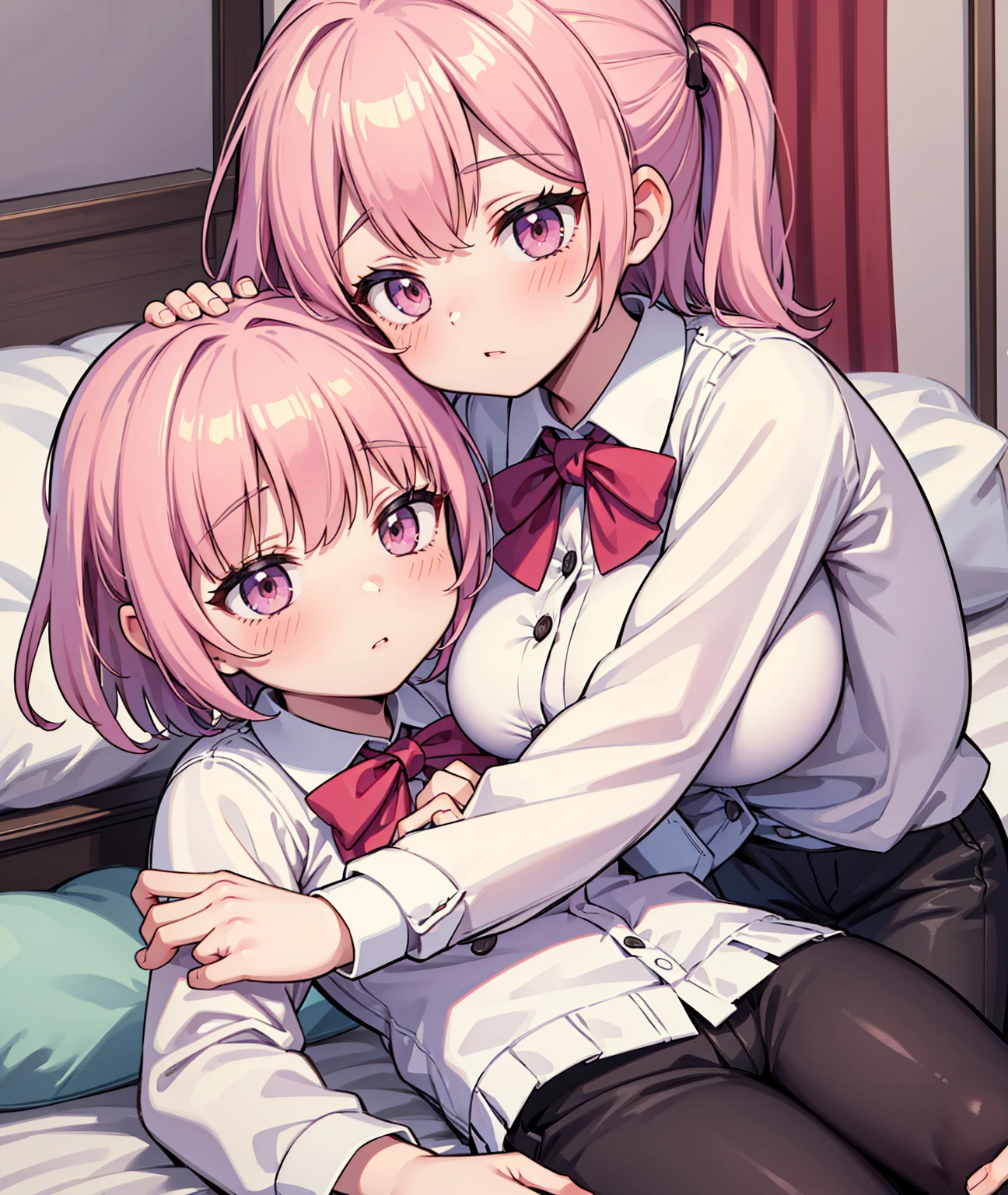 masterpiece, Highest quality, so beautiful, absurdists,High resolution,One girl, One boy,Cuddling in bed, like,sexly,Look at each one, blush,Age difference,bow tie,blondes,chest,Long Hair,Pink Hair,Tucked in shirt,short hair,skirt,Tent shirt,Slut,Big breasted sister and brother,Siblings, trousers,Pushing her big tits against her brother,My brother's penis erect in his trousers,(My brother's small erect penis),((((姉のHUGE breasts,Sister crushes her big tits in her brother's face)))),((Very large breasts))