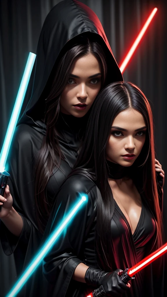 2 beautiful detailed woman with long dark hair wearing a black hooded robe, dramatic lighting,glowing red lightsaber,(2 girls,masterpiece:1.2),ultra-detailed,photorealistic,sci-fi,dramatic cinematic lighting,moody atmosphere,dark fantasy,high contrast,muted color palette
