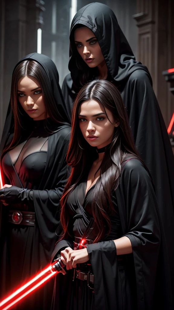 2 beautiful detailed woman with long dark hair wearing a black hooded robe, dramatic lighting,glowing red lightsaber,(2 girls,masterpiece:1.2),ultra-detailed,photorealistic,sci-fi,dramatic cinematic lighting,moody atmosphere,dark fantasy,high contrast,muted color palette