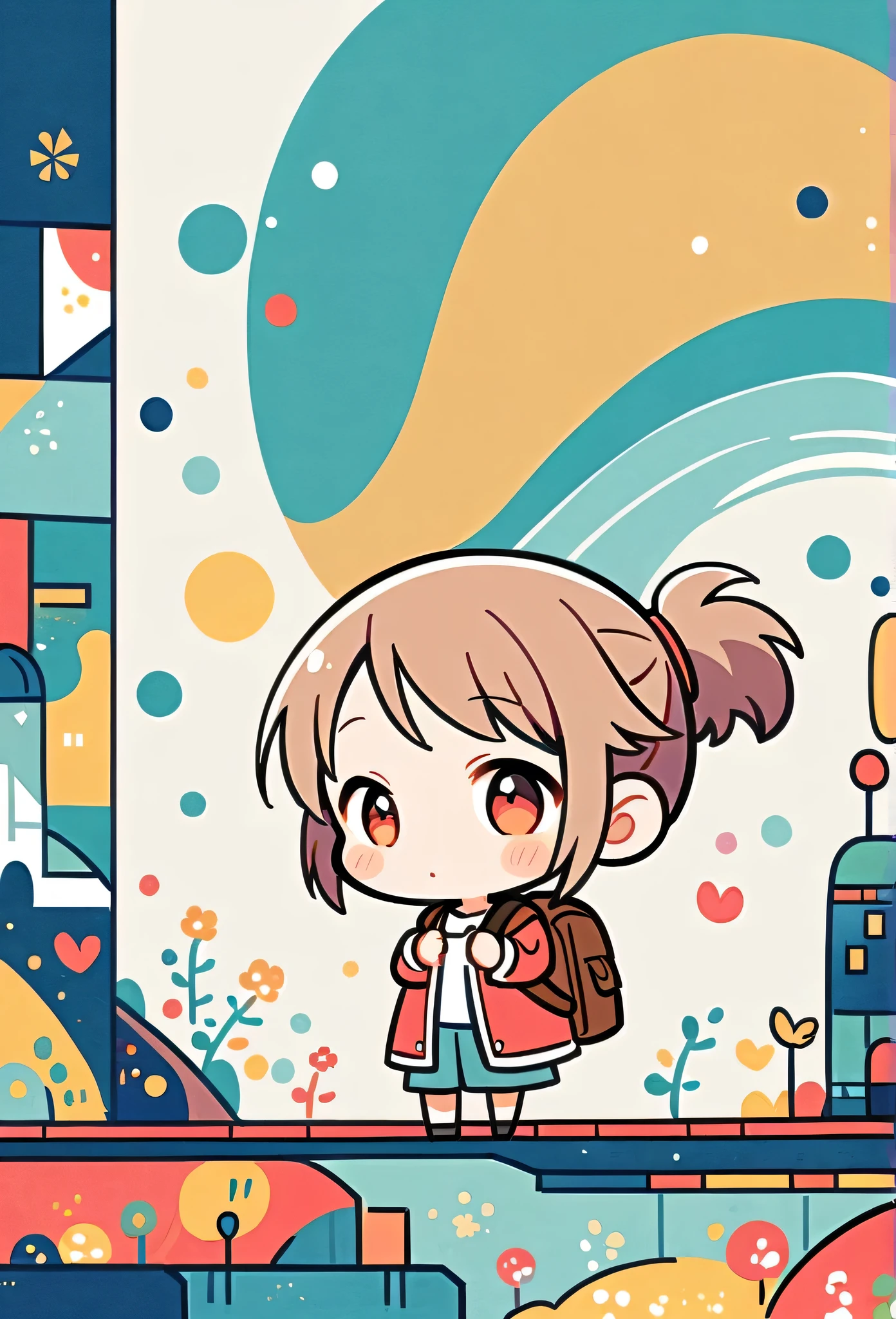 Momoko Sakura style, Standing in front of a high wall,Girl with backpack on rooftop,My backpack is full of happy spring,Simple Line Initialism,Abstract art,Urban Background, (((The most beautiful girl))), (((chibi)))