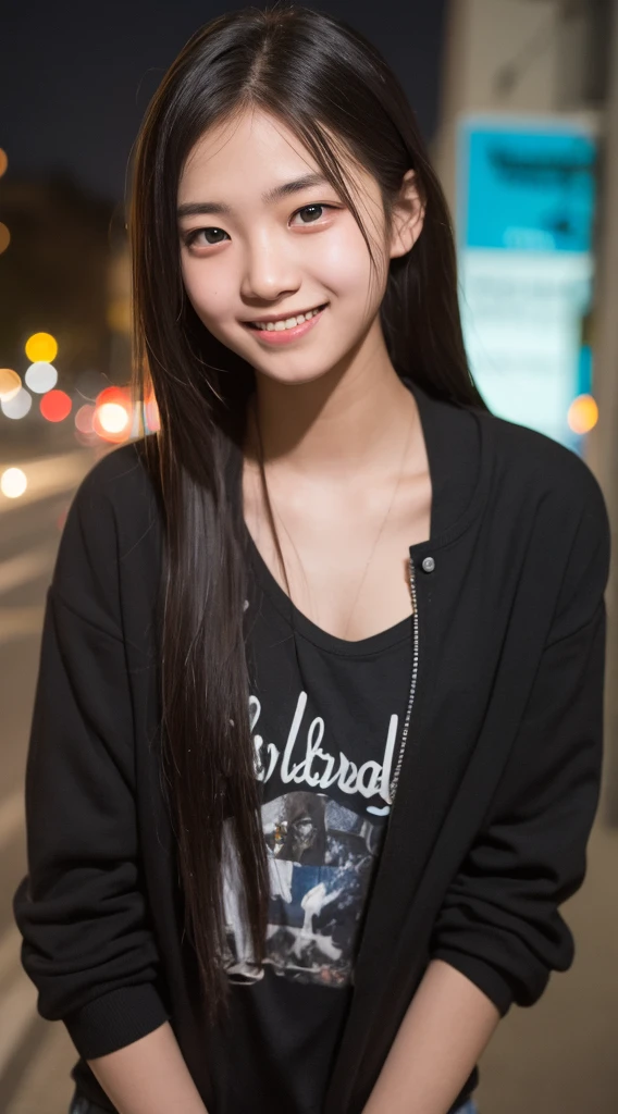 Tabletop, Highest quality, 8K, 15-year-old student, Teen, RAW Photos, Absurd, Award-winning portrait, smile, alone, night, neon, Idol's face, Delicate girl, Digital SLR, View your viewers, Frank, Sophisticated, Thin arms, Professional Lighting, Film Grain, chromatic aberration, (Eye and facial details:1.0), (Bokeh:1.1) , Sailor suit , Close your mouth , short hair , Long Hair , Huge breasts、whole body、Standing posture、Black Loafers