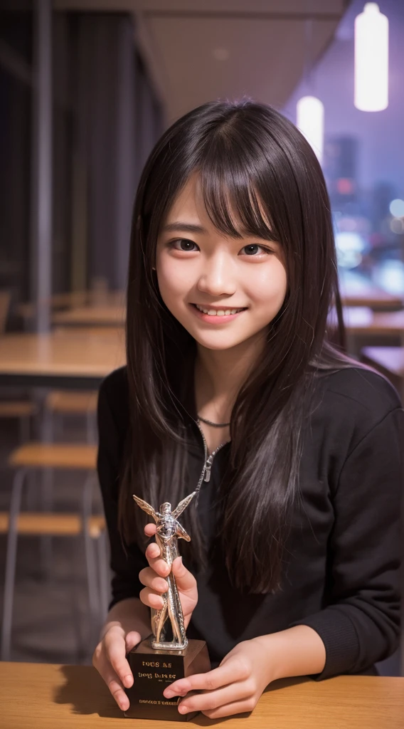 Tabletop, Highest quality, 8K, 15-year-old student, Teen, RAW Photos, Absurd, Award-winning portrait, smile, alone, night, neon, Idol's face, Delicate girl, Digital SLR, View your viewers, Frank, Sophisticated, Thin arms, Professional Lighting, Film Grain, chromatic aberration, (Eye and facial details:1.0), (Bokeh:1.1) , Sailor suit , Close your mouth , short hair , Long Hair , Huge breasts、whole body、Standing posture、Black Loafers