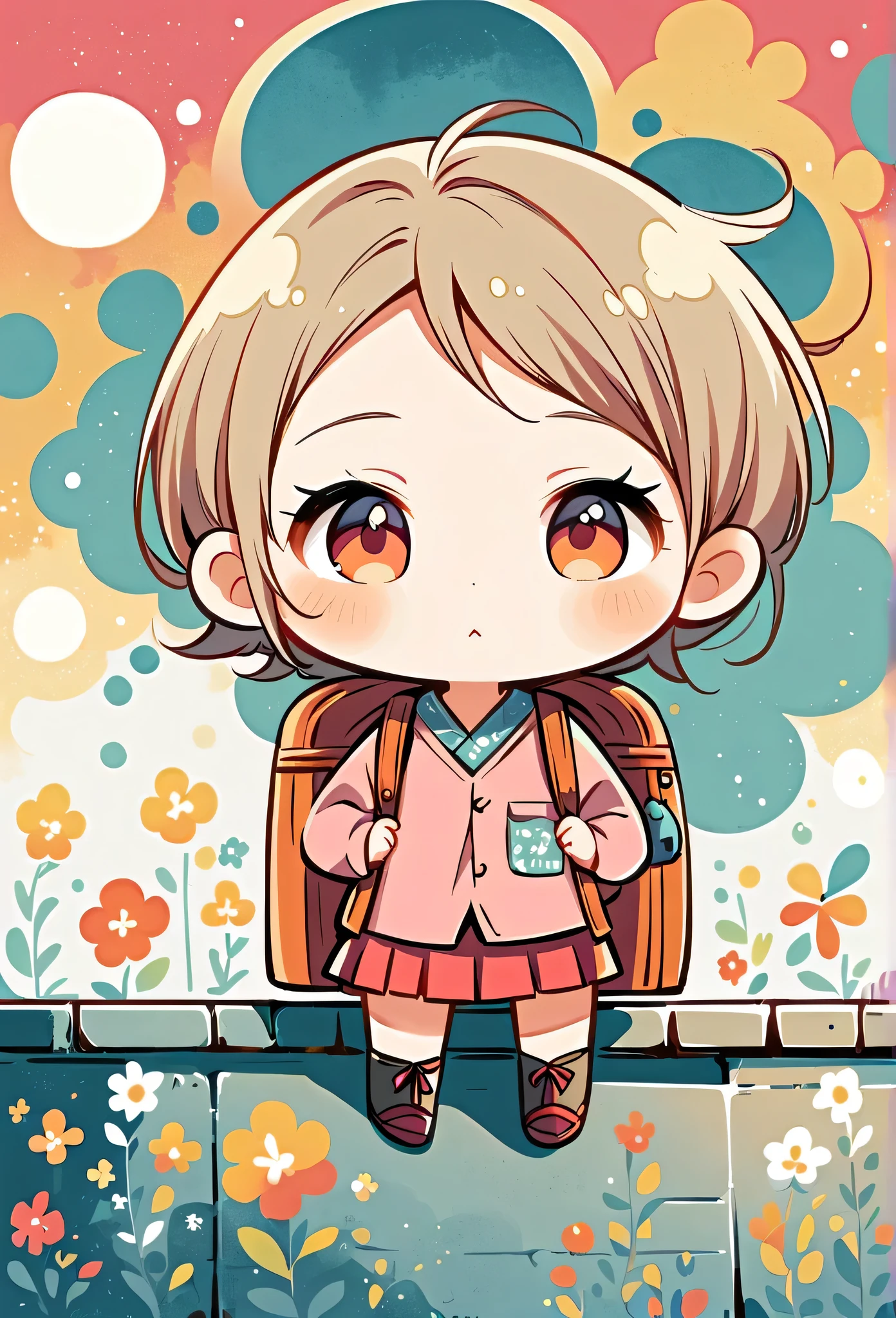 Momoko Sakura style, Standing in front of a high wall，Girl with backpack on rooftop，My backpack is full of happy spring，Simple Line Initialism，Abstract art，Urban Background, (((The most beautiful girl))), (((chibi)))