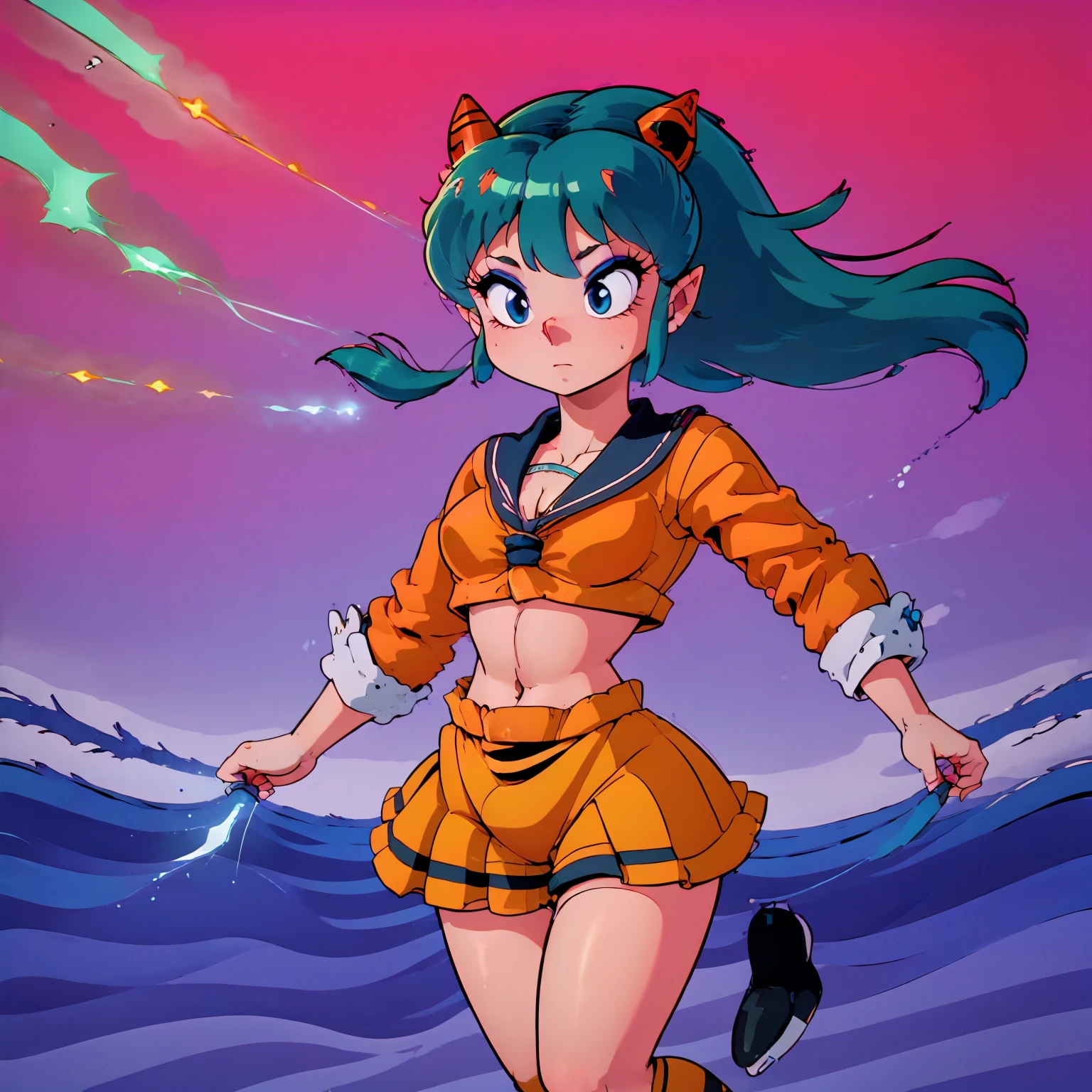 lum, long hair, bangs, blue hair, blue eyes, horns, pointy ears, aqua hair, oni horns, shirt, long sleeves, , serafuku, sailor collar, neckerchief, yellow neckerchief, shirt, blue shirt, blue sailor collar, blue skirt, eyeshadow, (score_9, score_8_up, score_7_up), masterpiece, best quality, absurdres, unity, 8k, wallpaper, hi res, dramatic lighting, detailed facial features, high quality, cinematic composition, dramatic atmosphere, digital art, concept art, 8k, ultra-detailed, professional rendering, dramatic color palette, lum, (solo:1.3), 1girl, tiny horns, riding a sci-fi motorcycle, smile, motor vehicle, skirt, riding, highly detailed face, highly detailed eyes, blue eyes, perfect anatomy, super detailed skin, (outdoors, beach, seaside, beautiful landscape, island, 1980s style, anime style, (full body), (dynamic angle, dynamic pose:1.3), (flying:1.3), floating in air, floating under seabeach, animal print, strapless_bikini, breasts, (intricate details:1.4), cleavage, large breasts, (two-tone hair, green hair, black hair:1.1), floating hair, groin, small horns, (cowboy shot), looking at viewer, navel, print bikini, swimsuit, tiger print, tiger stripes, (electrokinetic, electrokinesis, spark effect, electricity:1.3), lightning shooting from hands, epic fantasy scene, dark ominous clouds, dynamic pose, cute doodle,