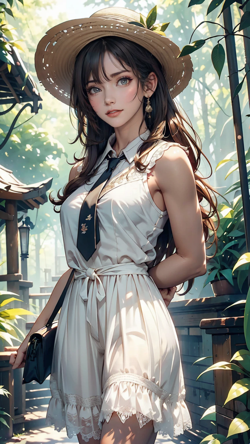 24-year-old female、Long eyelashes、Beautiful appearance、White summer dress decorated with lace、Brown Hair、Side Ponytail((Tie it up with a scrunchie))、Sunlight filtering through the trees、Forest Walk、Walking、Cute handbag、Sandals、Wide-brimmed hat decorated with ribbon((Capelin))、Wear a brightly colored scarf around your neck、Lady style、smile、Hold the brim of your hat、smile