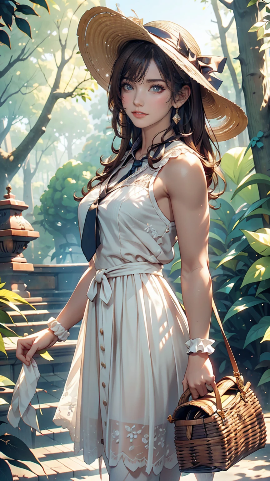 24-year-old female、Long eyelashes、Beautiful appearance、White summer dress decorated with lace、Brown Hair、Side Ponytail((Tie it up with a scrunchie))、Sunlight filtering through the trees、Forest Walk、Walking、Cute handbag、Sandals、Wide-brimmed hat decorated with ribbon((Capelin))、Wear a brightly colored scarf around your neck、Lady style、smile、Hold the brim of your hat、smile