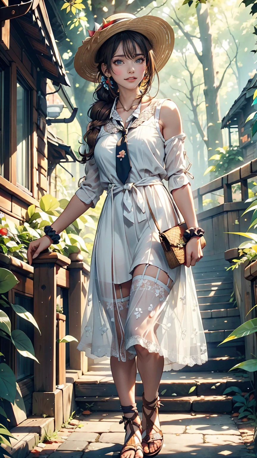 24-year-old female、Long eyelashes、Beautiful appearance、White summer dress decorated with lace、Brown Hair、Side Ponytail((Tie it up with a scrunchie))、Sunlight filtering through the trees、Forest Walk、Walking、Cute handbag、Sandals、Wide-brimmed hat decorated with ribbon((Capelin))、Wear a brightly colored scarf around your neck、Lady style、smile、Hold the brim of your hat、smile