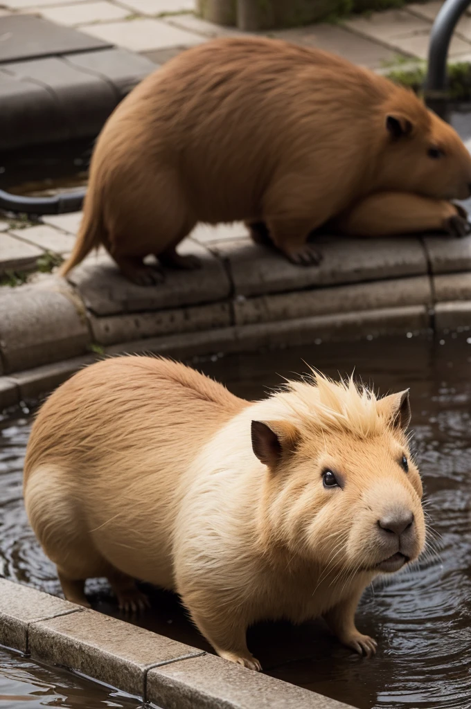 A capybara with blonde hair and black roots stepping on a sewer rat