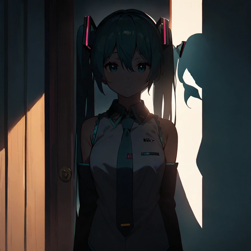 1girl, hatsune miku, best quality, amazing quality, aesthetic, rating:general, backlighting, straight-on, shade, bloom, silhouette, upper body, crack of light, peeking out, Indoors, open door, sleeveless shirt, detached sleeves, necktie,