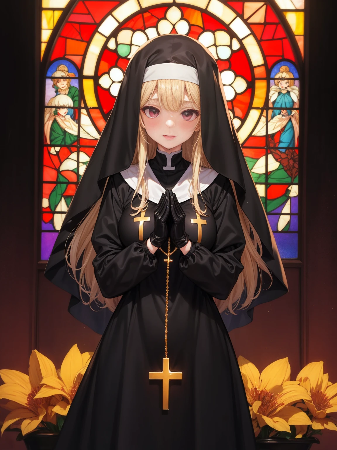 Praying with hands folded　Rubber puff sleeve　Golden Rosary　Interior background of the church　Stained glass　　sunset　Orange Room　anime　Vinyl Sister Black Veil　Nuns　Shiny black sister outfits　Blonde long hair　　Extra long black rubber gloves　cute　Pathetic　clear　Droopy eyes　I&#39;worry　Open your mouth slightly and smile　Shocking Pink Rouge　Shiny black rubber riding suit　Wet lips　The costume is shiny with lotion　Embarrassing　Blushing　Embarrassing　Big breasts that will tear your clothes　Very large breasts　Extremely distended breasts　Huge breast swelling　Looking into the camera　university student　Year: 20　Illustrated style　anime風　　beautiful girl　Cheeks pink　Blonde long hair　super curly hair　Super long sideburns　Black rubber long socks that reach down to the crotch