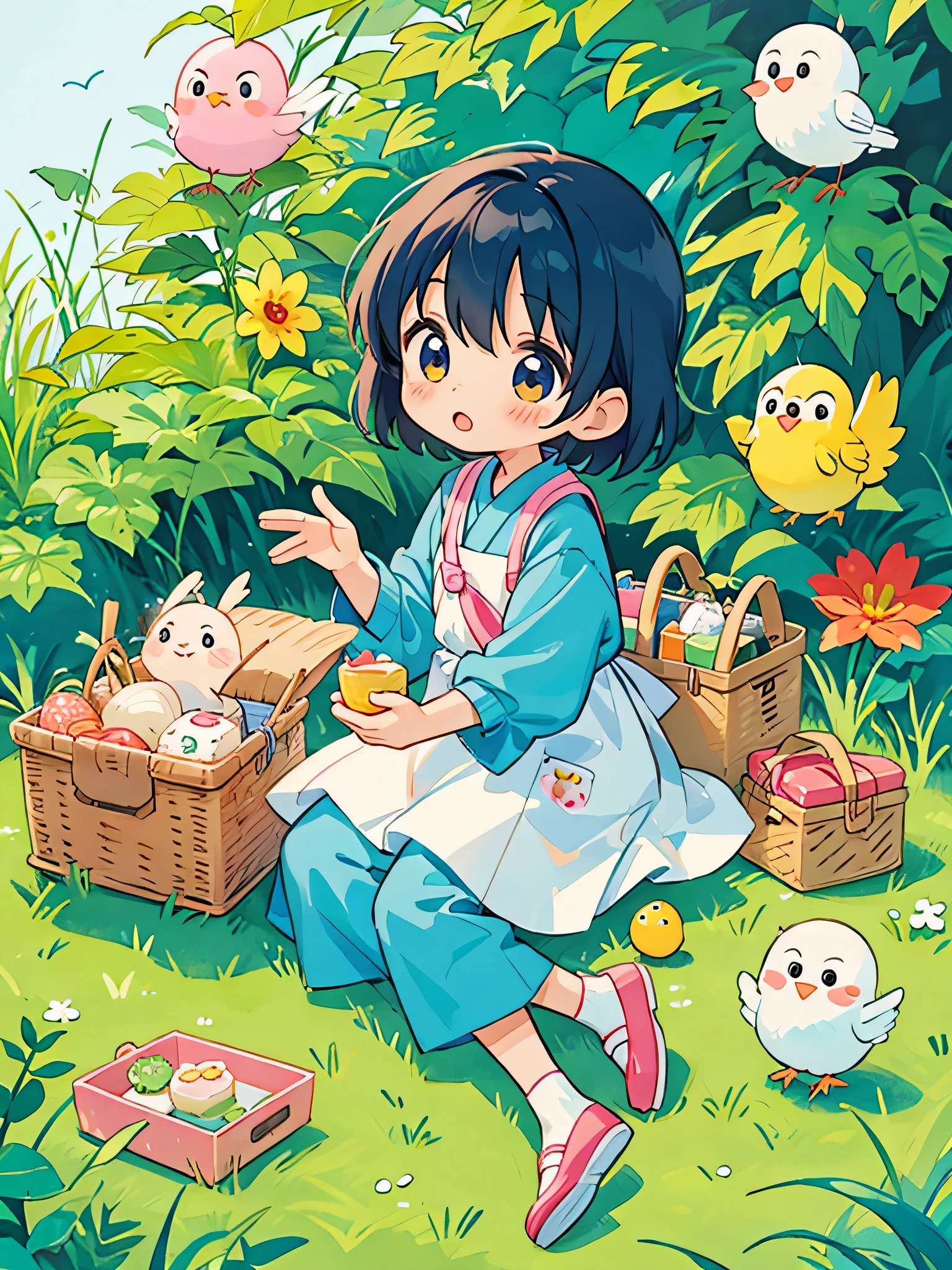 Fujio Akatsuka Style, Kawaii Design, most beautiful girl ever、Chibi, birdie、picnic