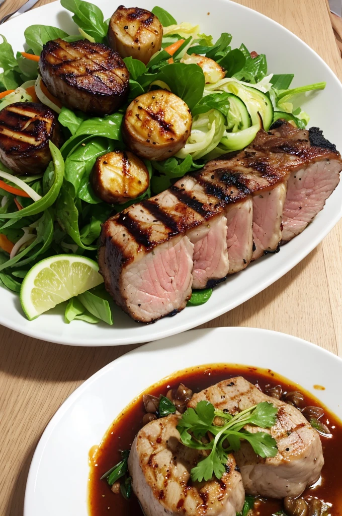 Create a sophisticated dish Grilled pork fillet mignon, Braised cabbage, Zucchini Farofa and Salad.
