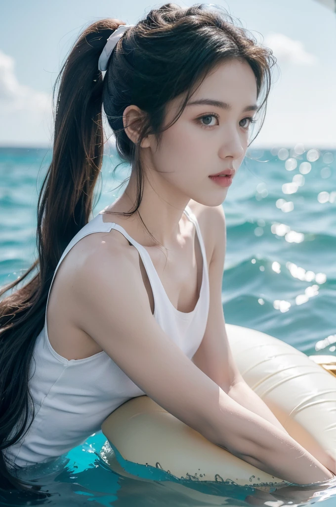 (((best quality))),(((ultra detailed))),(((masterpiece))),illustration,((1girl,naval officer,solo)),(short ponytail:1.2),((slim,thin)),((small breasts,flat chest)),(white tank top:1.3),vibrant colors,ocean background,(on the warship:1.3),majestic,turquoise waves,sun reflection,white clouds,sky,brilliant shade of blue,confident posture,gaze fixed on horizon,wind,gently blows hair,stray strands,flutter in breeze,adventure,excitement,unknown waters,beauty,strength,determination,female power,resilience,striking looks,powerful setting,sea,captivating,inspiring image,viewer,drawn to presence,challenging environment,military service,bravery,dedication,((from front,close-up of face))
