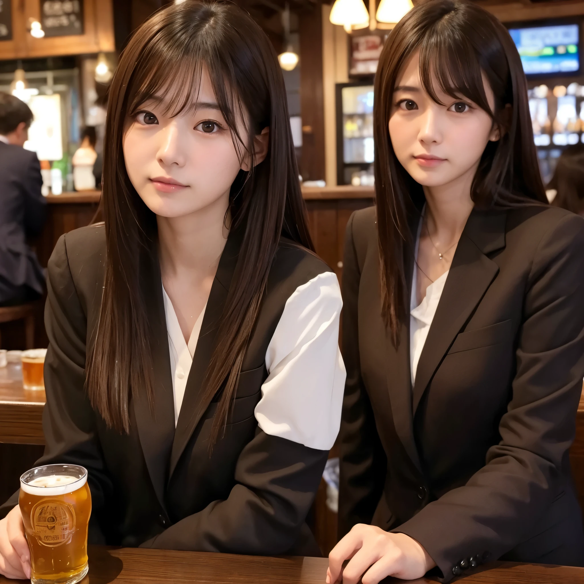 One Japanese woman、20-year-old women、Dark brown hair、Medium Hairstyles、OL、Wearing a suit、At the pub、There is beer、Sitting、Face-to-face angles