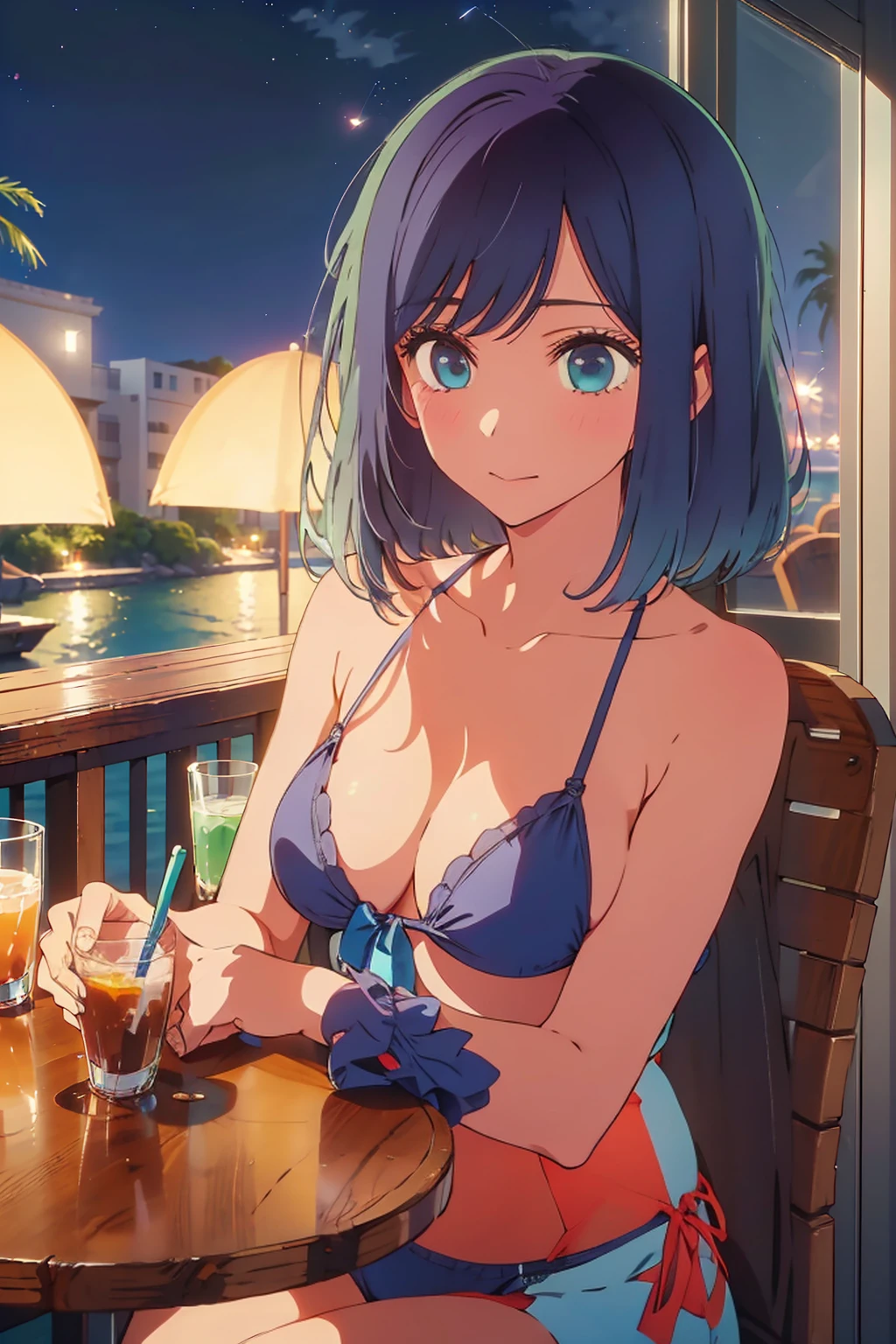 (Highest quality:1.4、masterpiece:1.4、Super detailed:1.4、8K:1.4)、((((1 person、Surprised expression、sit、Outdoor café terrace、coastal、juice、table、Sandy Beach、juiceのグラスを持つ、Micro Bikini、Very soft boobs、Big eyes、Very cute face))))、(moonlight:1.4、at night:1.4)、F cup bust、Medium breast、Underboob