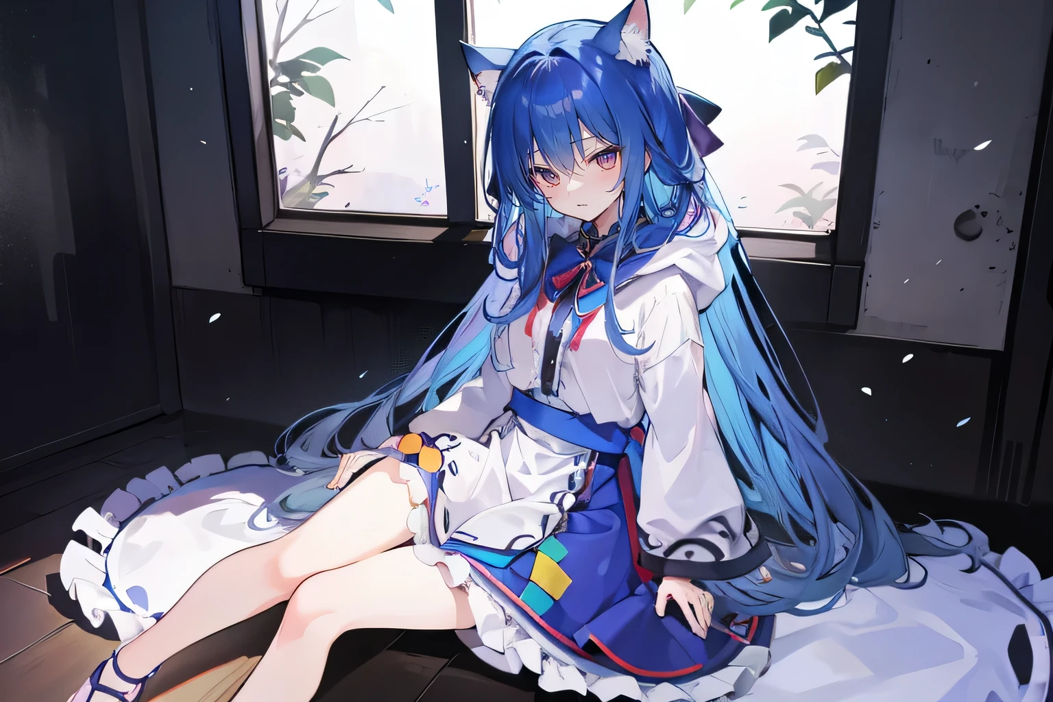 （masterpiece：1.2），Super detailed，lifelike，Expressive eyes，fair skin，perfect face shape，1 girl，
Japanese comics,Gorgeous blue hair,flowing blue hair,flowing clothes,Cat ears,Petals fall,beautiful lola,Baby Angel,
Shaking head with one hand，Cross your legs，Gentle and peaceful background，The pavilion is cool and comfortable,smile, wearing hoodie, In front of the window,snowing