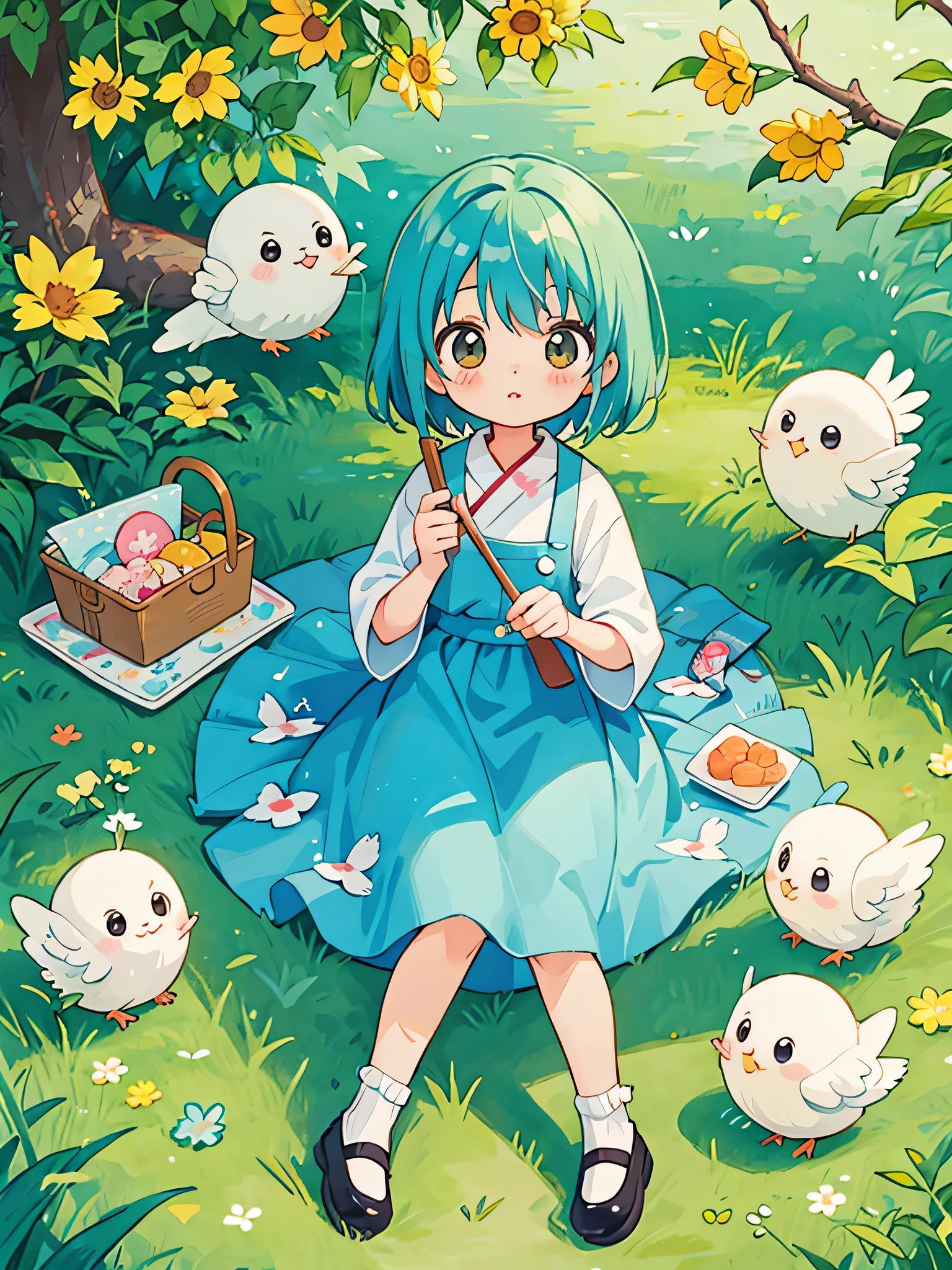 Fujio Akatsuka Style, Kawaii Design, most beautiful girl ever、Chibi, birdie、picnic