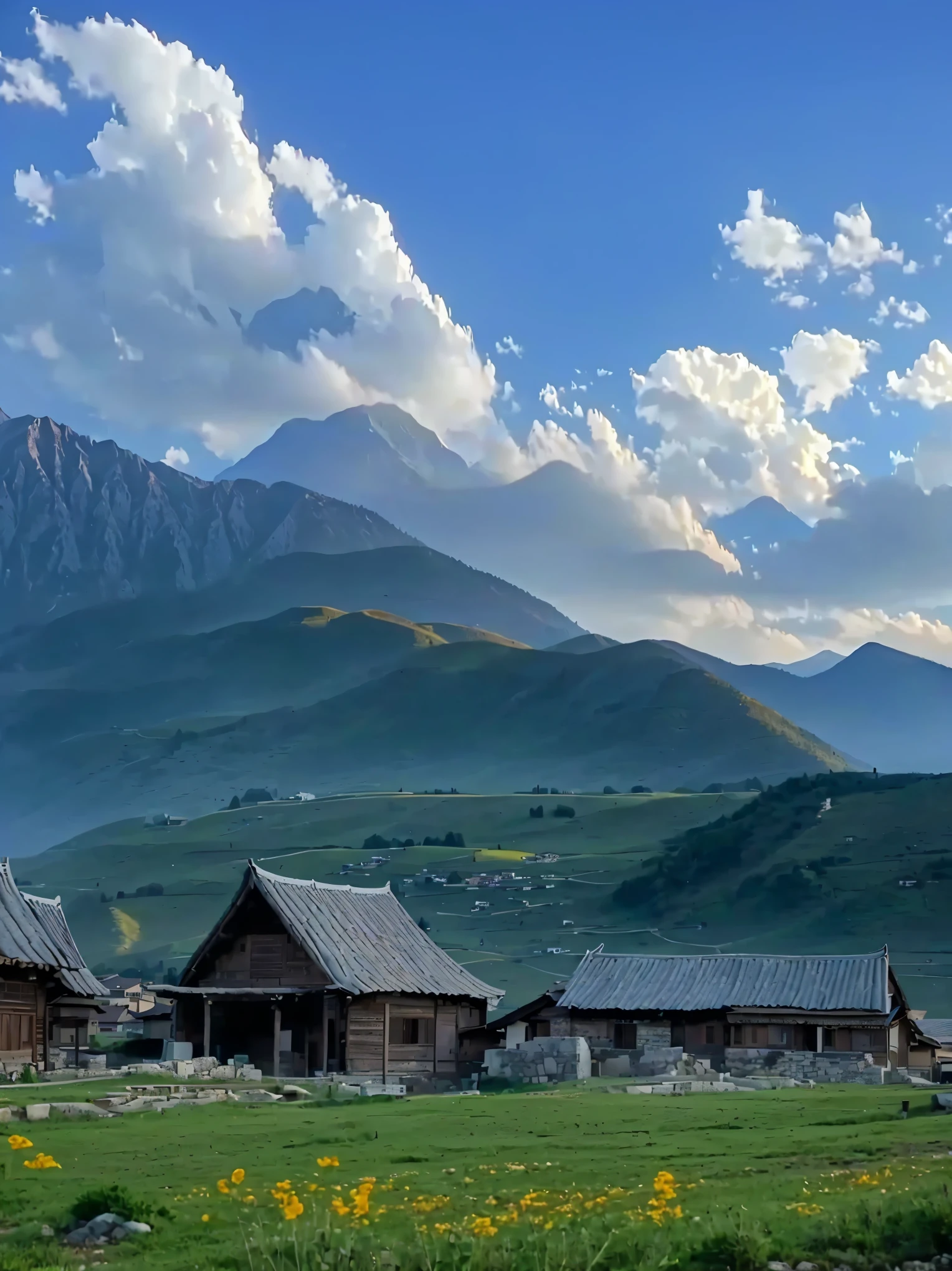 Mountains in the distance,There are several houses in the foreground, villages at background, village, Mountains in the background, 8K)), In the valley, Mountains in the background, Mountains in the background, very scenery is beautiful, 背景中的village庄, scenery is beautiful, Alexander Runciman, Valle encantador, 4 0 9 6, In the mountains