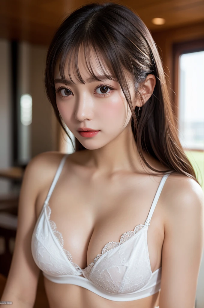 Tabletop, Highest quality, figure, Super detailed, Fine details, High resolution, 8k wallpaper, Perfect dynamic composition, Beautiful attention to detail,  Natural lips, See-through white cute lingerie:1.5 , Big Breasts:1.5, Cleavage, The body is slim:1.5