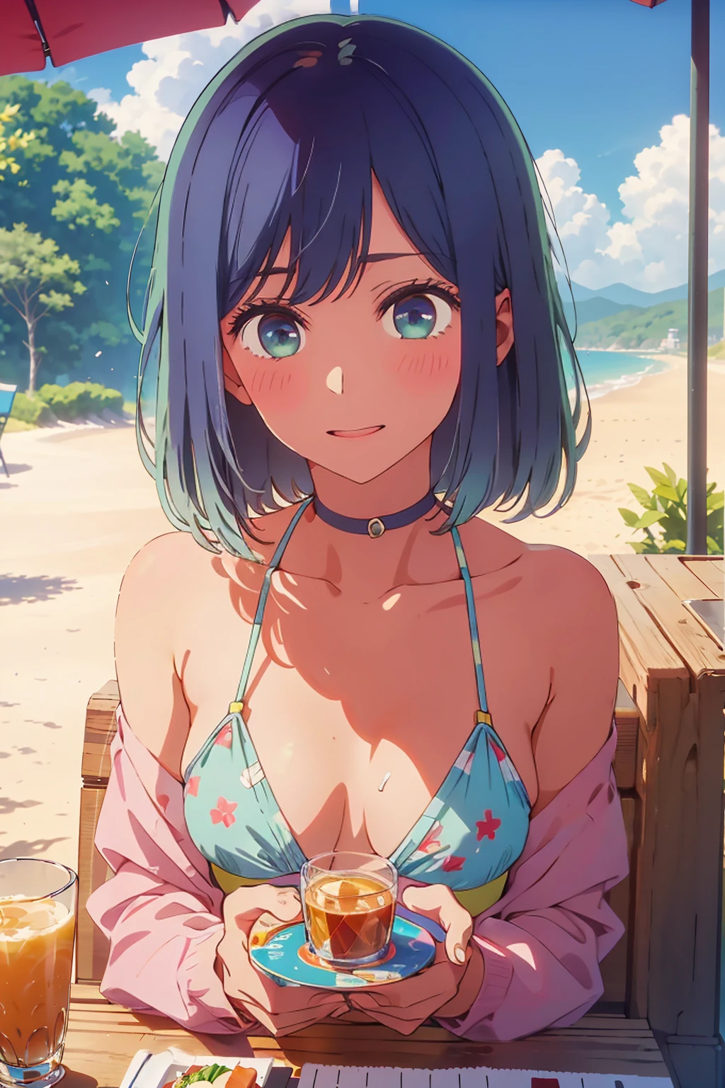 (Highest quality:1.4、masterpiece:1.4、Super detailed:1.4、8K:1.4)、((((1 person、Surprised expression、sit、Outdoor café terrace、coastal、juice、table、Sandy Beach、juiceのグラスを持つ、Micro Bikini、Very soft boobs、Big eyes、Very cute face))))、F cup bust、Medium breast、Underboob