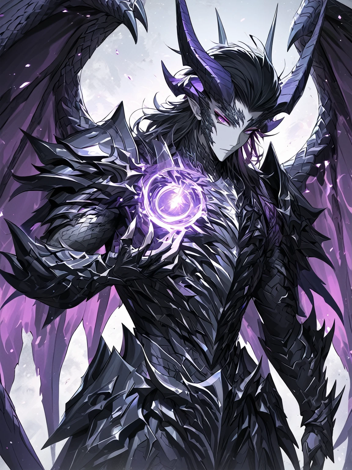 Masterpiece, Very detailed, ultra detailed, one, (1 man), man with a V-shaped body, Gray skin colour, dragon horns, two large dragon wings, full detailed dark obsidian armor with light purple details that seemed like a purple fire. Long black hair combed back, and reptile eyes that shine crimson-purple. In the style of manhwa "Omniscient Reader's Viewpoint"