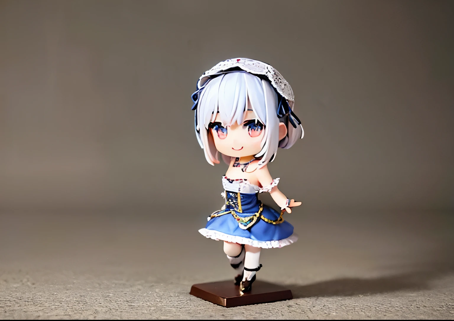 Miniature of a figure of early 20's Russian girl with aschgray colored hair, chibi, smiling, head to toe full body, on the table, photo studio, The face is precise((must))