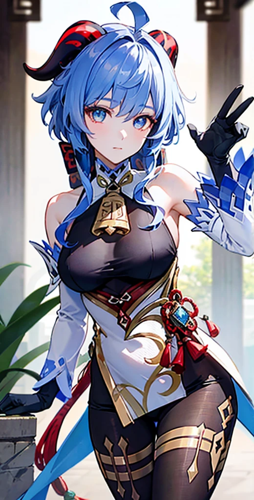 (photorealistic:1.4), (masterpiece, sidelighting, finely detailed beautiful eyes: 1.2), masterpiece*portrait, realistic, 3d face, 
ganyu \(genshin impact\), 1girl, ahoge, architecture, bangs, bare shoulders, bell, black gloves, black pantyhose, (blue hair), blush, breasts, chinese knot, detached sleeves, flower knot, gloves, horns, long hair, looking at viewer, big , neck bell，body sui，ganyu