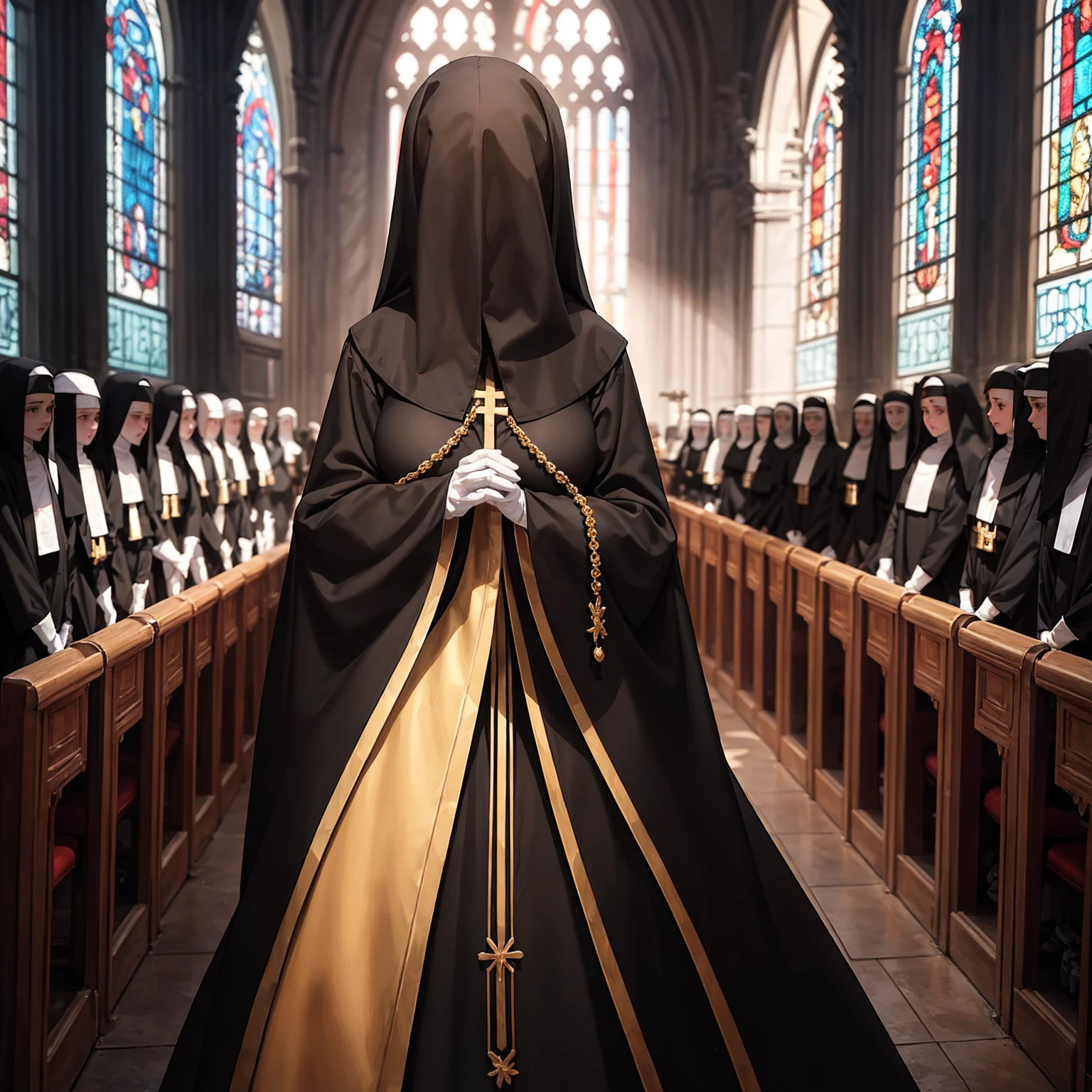 Praying with hands folded Rubber puff sleeve Golden Rosary Interior background of the church Stained glass sunset Orange Room anime Vinyl Sister Black Veil Nuns Shiny black sister outfits Blonde long hair Extra long black rubber gloves cute Pathetic clear Droopy eyes I'worry Open your mouth slightly and smile Shocking Pink Rouge Shiny black rubber riding suit Wet lips The costume is shiny with lotion Embarrassing Blushing Embarrassing Big breasts that will tear your clothes Very large breasts Extremely distended breasts Huge breast swelling Looking into the camera university student Year: 20 Illustrated style anime風 beautiful girl Cheeks pink Blonde long hair super curly hair Super long sideburns Black rubber long socks that reach down to the crotch