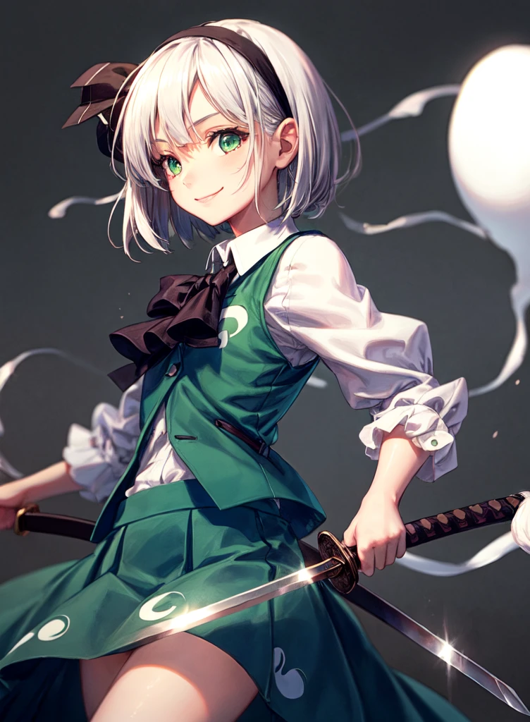 masterpiece, best quality, 1girl, white hair,short hair,hair ribbon,hairband, green eyes,bow,white shirt,green vest,green skirt,cowboy shot, smile,konpaku youmu (ghost),grey background, weapon, sword,