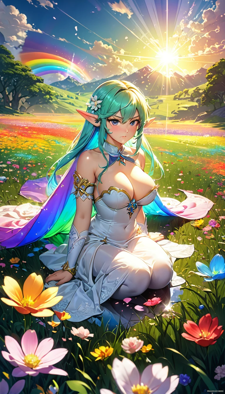 Highest quality, Super quality, 16K, Incredibly absurd, Very detailed, delicate and dynamic, Natural light, Fine particles reflect rainbow colors, Diffuse reflection of light, Many rainbow-colored petals fall, Beautiful grassland, Shining Sun, 湖面にDiffuse reflection of light, Create amazing image effects, , (, cute sexy girl, huge bouncing busts, Sensual expression, passionate, Serious, Tsundere, the legend of zelda)