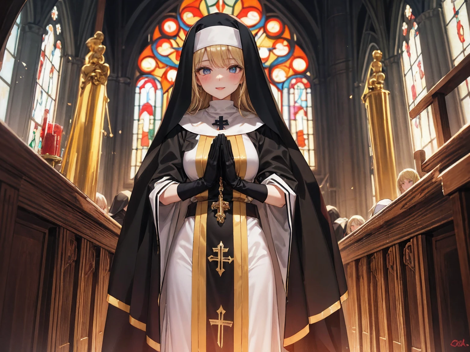 Praying with hands folded　Rubber puff sleeve　Golden Rosary　Interior background of the church　Stained glass　　sunset　Orange Room　anime　Vinyl Sister Black Veil　Nuns　Shiny black sister outfits　Blonde long hair　　Extra long black rubber gloves　cute　Pathetic　clear　Droopy eyes　I&#39;worry　Open your mouth slightly and smile　Shocking Pink Rouge　Shiny black rubber riding suit　Wet lips　The costume is shiny with lotion　Embarrassing　Blushing　Embarrassing　Big breasts that will tear your clothes　Very large breasts　Extremely distended breasts　Huge breast swelling　Looking into the camera　university student　Year: 20　Illustrated style　anime風　　beautiful girl　Cheeks pink　Blonde long hair　super curly hair　Super long sideburns　Black rubber long socks that reach down to the crotch