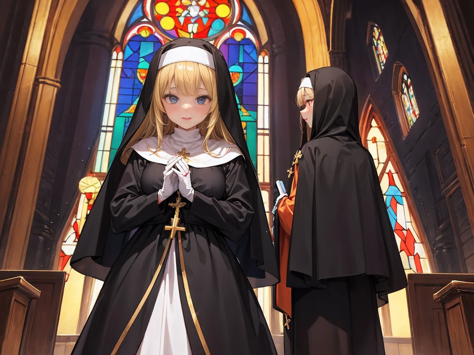 Praying with hands folded　Rubber puff sleeve　Golden Rosary　Interior background of the church　Stained glass　　sunset　Orange Room　anime　Vinyl Sister Black Veil　Nuns　Shiny black sister outfits　Blonde long hair　　Extra long black rubber gloves　cute　Pathetic　clear　Droopy eyes　I&#39;worry　Open your mouth slightly and smile　Shocking Pink Rouge　Shiny black rubber riding suit　Wet lips　The costume is shiny with lotion　Embarrassing　Blushing　Embarrassing　Big breasts that will tear your clothes　Very large breasts　Extremely distended breasts　Huge breast swelling　Looking into the camera　university student　Year: 20　Illustrated style　anime風　　beautiful girl　Cheeks pink　Blonde long hair　super curly hair　Super long sideburns　Black rubber long socks that reach down to the crotch