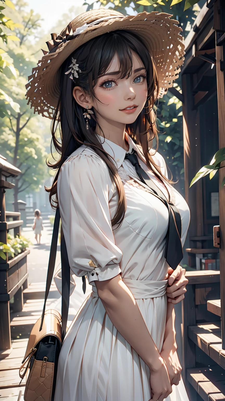 24-year-old female、Long eyelashes、Beautiful appearance、White summer dress decorated with lace、Brown Hair、Side Ponytail((Tie it up with a scrunchie))、Sunlight filtering through the trees、Forest Walk、Walking、Cute handbag、Sandals、Wide-brimmed hat decorated with ribbon((Capelin))、Wear a brightly colored scarf around your neck、Lady style、smile、Hold the brim of your hat、smile